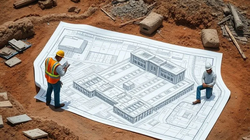 A photorealistic image showing a large, intricate blueprint of a grand building partially unrolled over a rugged, uneven construction site, with workers looking confusedly at the plans while facing real-world obstacles. Professional photography, 8K, cinematic lighting, sharp focus on the contrast, depth of field, shot on a high-end DSLR.