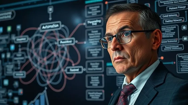 A photorealistic image of a business executive looking at a complex flowchart diagram, with one path labeled 'automation' leading into a dense, tangled knot, while another path labeled 'human interaction' is clear but less emphasized. The executive has a thoughtful, slightly concerned expression, surrounded by subtle digital overlays representing data streams. Cinematic lighting, sharp focus on the executive and diagram, 8K hyper-detailed.