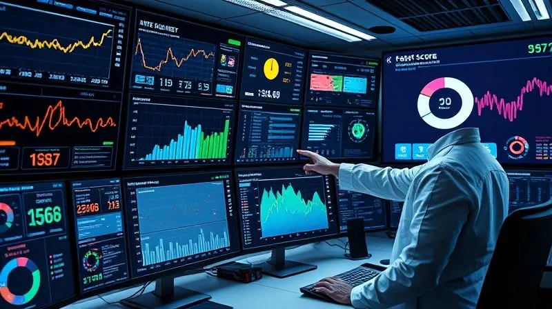 A photorealistic image of a futuristic control room with multiple screens displaying real-time data visualizations, charts, and customer journey maps. A data scientist is pointing at a screen showing a 'risk score' for a customer. The overall atmosphere is one of proactive monitoring and intelligence. Cinematic lighting, sharp focus on the data, 8K hyper-detailed.
