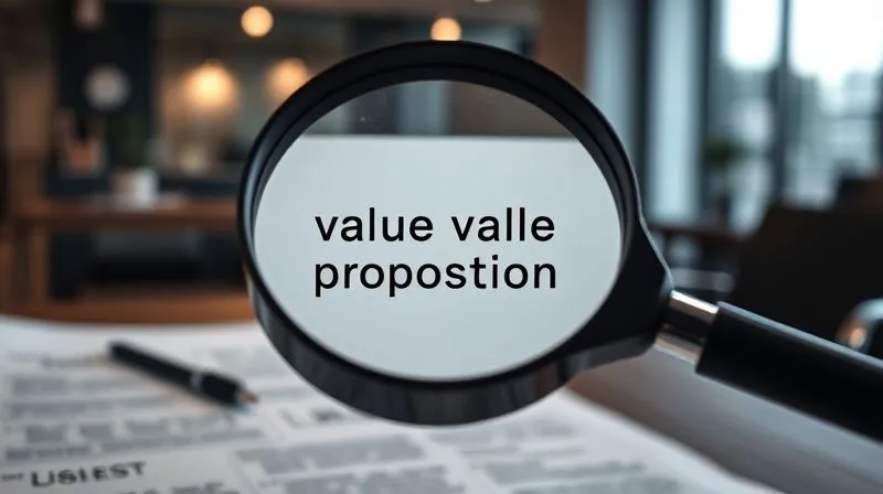 A photorealistic image of a magnifying glass hovering over a complex business document, highlighting a single, clear, powerful sentence about value proposition. The background is a blurred, modern office setting, professional photography, 8K, cinematic lighting, sharp focus on the magnifying glass and document, depth of field blurring the background.