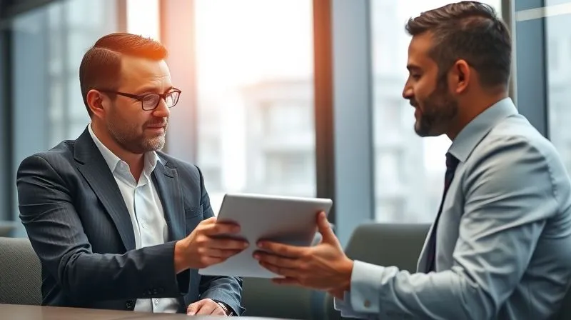 A photorealistic image of two business professionals in a modern, well-lit conference room, actively engaged in a deep, personalized conversation. One is presenting a tailored solution on a tablet, the other is intently listening, nodding. Cinematic lighting, sharp focus on their faces and the tablet, depth of field blurring the background, 8K hyper-detailed, professional photography.