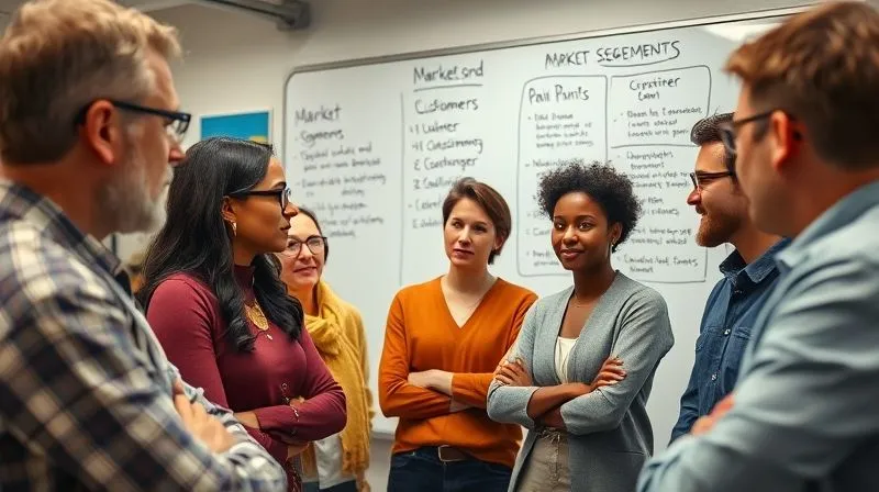 photorealistic, professional photography, 8K, cinematic lighting, sharp focus, depth of field, shot on a high-end DSLR, a diverse group of people engaged in a focused discussion, a whiteboard behind them with market segments and customer pain points, reflecting deep market research and validation, with a sense of collaborative problem-solving.
