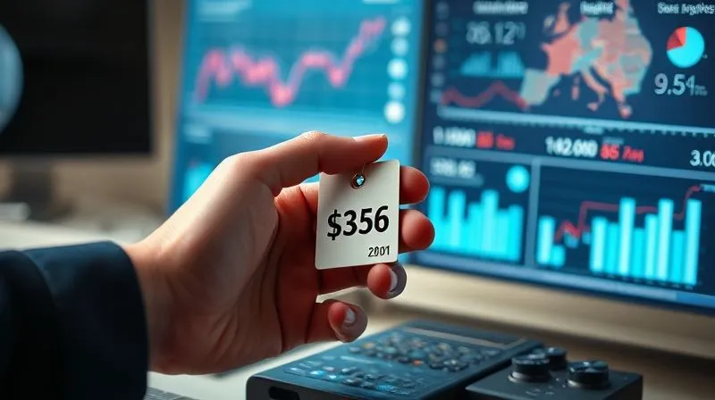 photorealistic, professional photography, 8K, cinematic lighting, sharp focus, depth of field, shot on a high-end DSLR, a hand carefully placing a price tag on a high-tech product, surrounded by blurred data charts and customer profiles, emphasizing strategic pricing and value alignment, with a thoughtful, decisive mood.