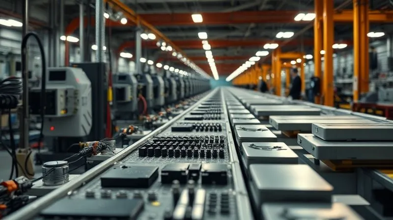 photorealistic, professional photography, 8K, cinematic lighting, sharp focus, depth of field, shot on a high-end DSLR, a meticulously organized assembly line for high-tech products, with a few crucial parts missing or misaligned, casting a subtle shadow of impending failure, representing the dangers of premature scaling without robust foundations.