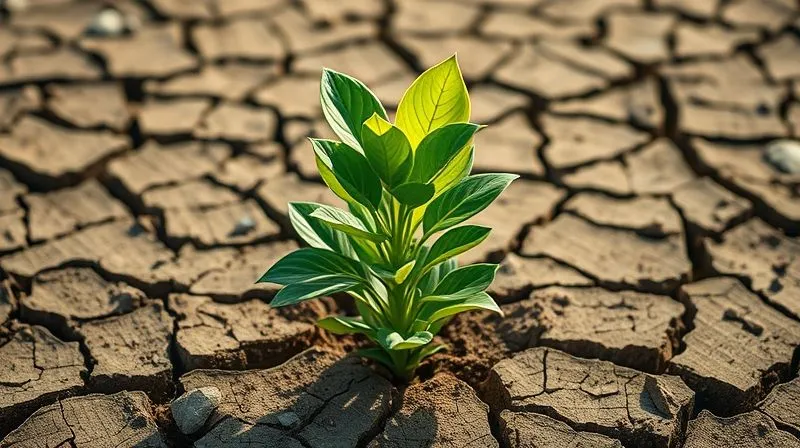 photorealistic, professional photography, 8K, cinematic lighting, sharp focus, depth of field, shot on a high-end DSLR, a vibrant, lush plant breaking through parched, cracked earth, symbolizing resilience and successful commercialization despite initial challenges, with strong, hopeful light.