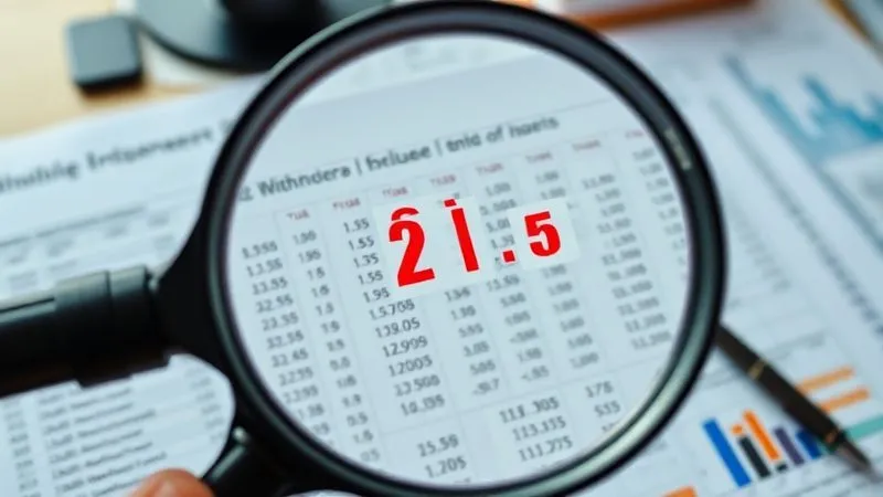 Photorealistic, professional photography, 8K, cinematic lighting, sharp focus, depth of field, shot on a high-end DSLR. A magnifying glass held over a complex financial ledger, highlighting a red negative number amidst rows of positive figures. The background is a slightly blurred, busy office desk, suggesting detailed financial analysis.