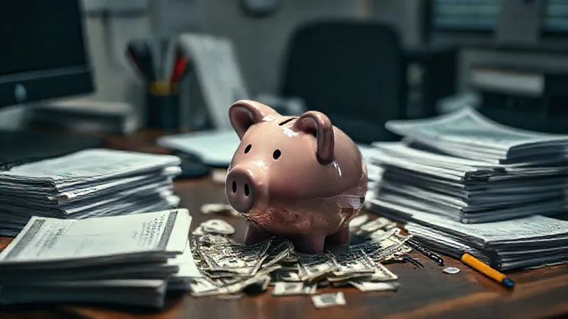 Photorealistic, professional photography, 8K, cinematic lighting, sharp focus, depth of field, shot on a high-end DSLR. A small, intricately designed piggy bank, cracked and leaking money, surrounded by stacks of invoices for rent, utilities, and office supplies. The background is a dimly lit, slightly cluttered office desk.