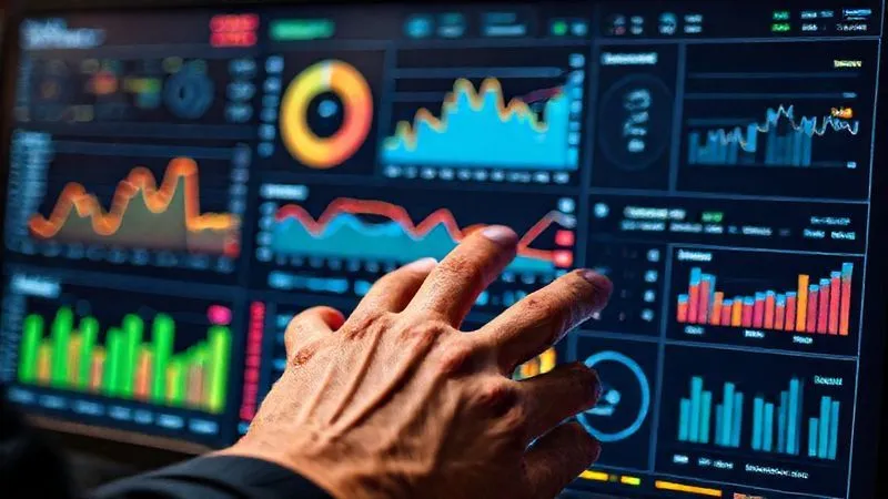 A photorealistic image of a person's hands meticulously analyzing a complex digital dashboard filled with colorful graphs, charts, and data points related to social media analytics. The screen displays metrics like reach, engagement, and impressions with a clear downward trend. Professional photography, 8K, cinematic lighting, sharp focus on the dashboard, depth of field blurring the background, shot on a high-end DSLR.