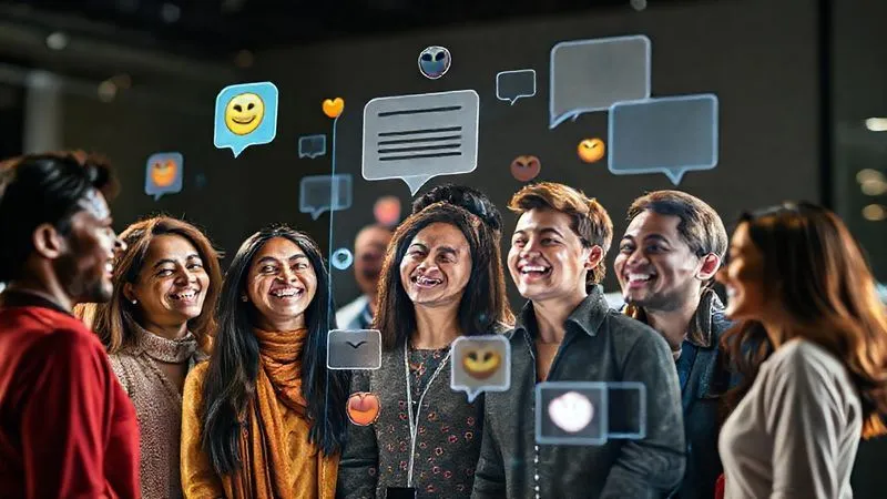 A photorealistic image of a diverse group of people from different backgrounds, smiling and actively interacting with each other on a giant, holographic social media interface. Speech bubbles and emojis float around them, signifying lively discussion and connection. Professional photography, 8K, cinematic lighting, sharp focus on the group, depth of field blurring the background, shot on a high-end DSLR.
