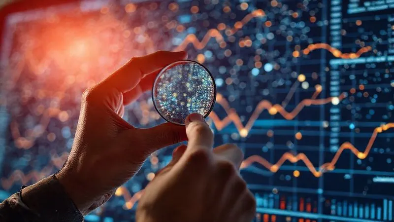 A photorealistic image of a hand holding a magnifying glass over a complex, glowing network of data points and lines, symbolizing social media analytics. Another hand is making a subtle adjustment to a control panel, representing continuous optimization. Professional photography, 8K, cinematic lighting, sharp focus on the magnifying glass and data, depth of field blurring the background, shot on a high-end DSLR.