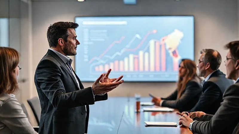 A photorealistic, professional photography, 8K, cinematic lighting, sharp focus, depth of field, shot on a high-end DSLR, of an entrepreneur passionately presenting a clear, concise pitch to a small group of attentive investors in a modern, minimalist boardroom. A large, illuminated infographic screen behind them subtly illustrates market opportunity and growth. The entrepreneur uses expressive hand gestures, making eye contact, conveying confidence and conviction. The investors look engaged, some taking notes, some leaning forward.