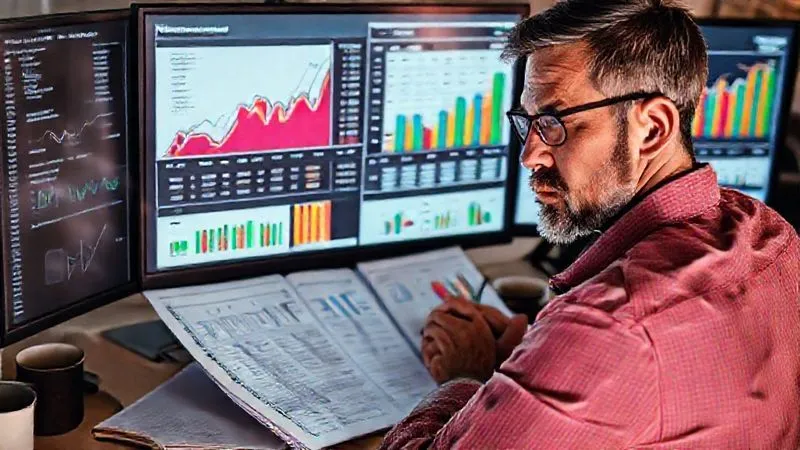 A photorealistic, professional photography, 8K, cinematic lighting, sharp focus, depth of field, shot on a high-end DSLR, of an entrepreneur meticulously analyzing detailed financial spreadsheets and charts on a large monitor, surrounded by open notebooks and coffee cups. The screen displays a clear, color-coded financial projection with different growth scenarios. The entrepreneur's expression is focused and determined, conveying diligence and strategic planning.