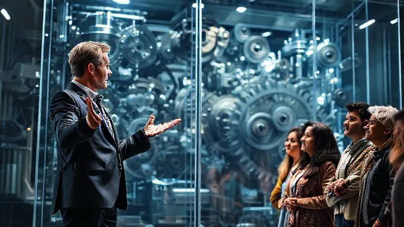 Photorealistic, professional photography, 8K, cinematic lighting, sharp focus, depth of field, shot on a high-end DSLR. A clear, illuminated glass wall with intricate gears and mechanisms visible behind it, representing transparent communication. On one side, a corporate executive stands, openly gesturing towards the mechanisms. On the other side, diverse community members look on with expressions of understanding and cautious optimism. The lighting emphasizes clarity and openness. Photorealistic, professional photography, 8K, cinematic lighting, sharp focus, depth of field, shot on a high-end DSLR. A clear, illuminated glass wall with intricate gears and mechanisms visible behind it, representing transparent communication. On one side, a corporate executive stands, openly gesturing towards the mechanisms. On the other side, diverse community members look on with expressions of understanding and cautious optimism. The lighting emphasizes clarity and openness.