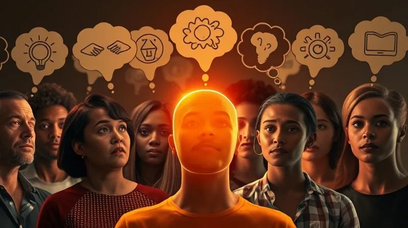 A photorealistic image of a diverse group of people, each with a thought bubble above their head depicting a different problem or desire, and a glowing, innovative product in the center that visually addresses all their needs simultaneously. Cinematic lighting, sharp focus, depth of field, 8K hyper-detailed, professional photography, shot on a high-end DSLR.
