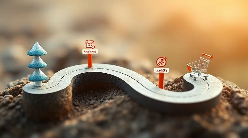 A photorealistic infographic showing a winding path representing a customer journey, with distinct visual markers for Awareness, Consideration, Decision, and Loyalty. Each marker has small, relevant icons (e.g., a megaphone for awareness, a shopping cart for decision). Cinematic lighting, sharp focus, depth of field, 8K hyper-detailed, professional photography, shot on a high-end DSLR.