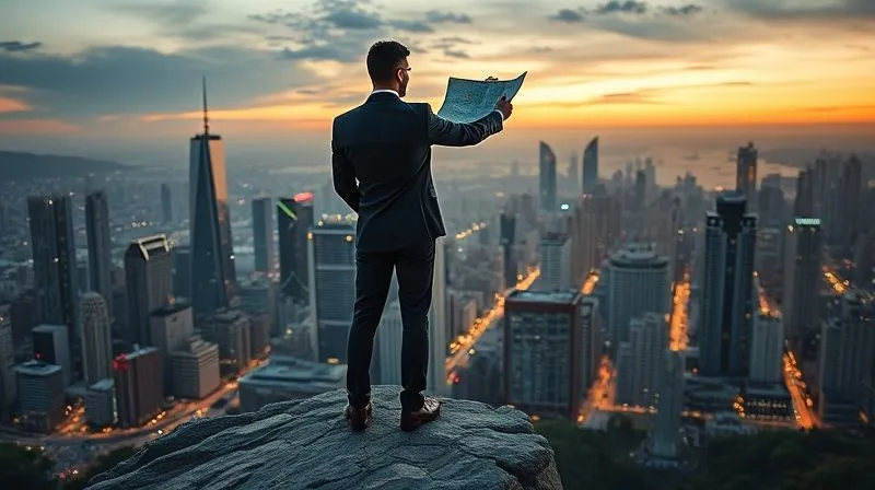 A photorealistic image of a business person standing on a cliff overlooking a dynamic, evolving cityscape at dawn. The city represents a competitive market, with some buildings clearly thriving and others under construction or in decline. The person holds a compass and map, symbolizing strategic navigation. Cinematic lighting, sharp focus, depth of field, 8K hyper-detailed, professional photography, shot on a high-end DSLR.