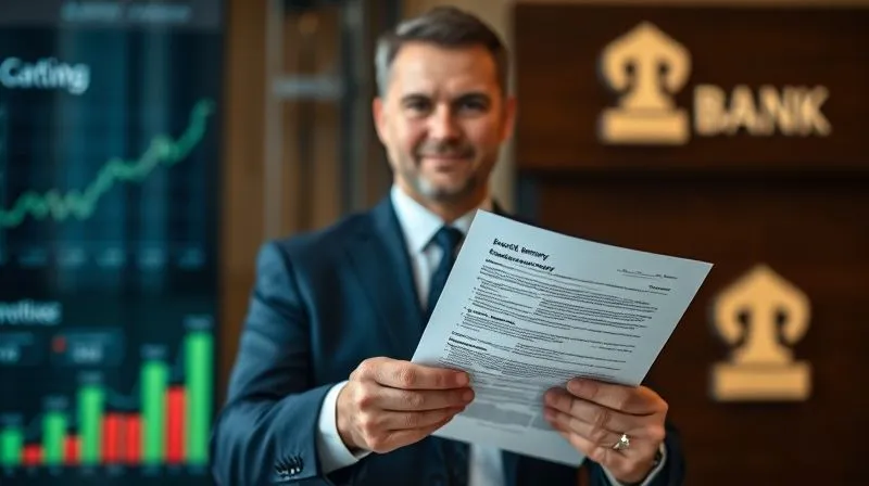A photorealistic, professional photography, 8K, cinematic lighting, sharp focus, depth of field, shot on a high-end DSLR. A well-dressed business professional confidently presenting a concise, impactful executive summary document, with a blurred background showing financial charts and a bank's logo.