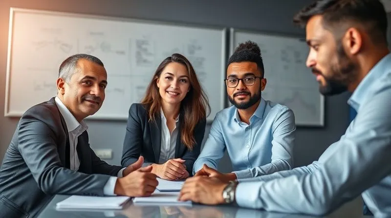 A photorealistic, professional photography, 8K, cinematic lighting, sharp focus, depth of field, shot on a high-end DSLR. A diverse team of four business professionals, dressed in smart casual attire, engaged in a collaborative discussion around a table, their faces showing focused determination and expertise. A whiteboard with strategic notes is visible in the background, conveying competence and teamwork.