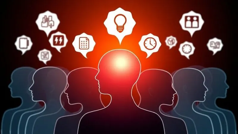 photorealistic, professional photography, 8K, cinematic lighting, sharp focus, depth of field, shot on a high-end DSLR. A diverse group of stylized, semi-transparent human silhouettes, each with thought bubbles above their heads displaying different icons representing various needs, desires, and pain points (e.g., a dollar sign for financial worry, a lightbulb for innovation, a clock for time scarcity). The silhouettes are arranged around a central glowing orb, symbolizing deep customer understanding.