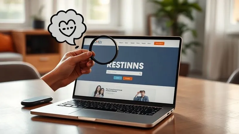 photorealistic, professional photography, 8K, cinematic lighting, sharp focus, depth of field, shot on a high-end DSLR. A vibrant, engaging website mock-up displayed on a modern, sleek laptop screen, surrounded by elements that suggest compelling storytelling: a hand holding a magnifying glass over a particularly persuasive headline, a thought bubble showing a satisfied customer, and subtle arrows guiding the eye towards a clear call-to-action. The room is softly lit, creating an inviting atmosphere.