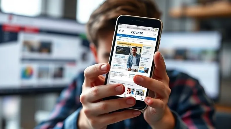 A photorealistic image of a frustrated business owner looking at their smartphone, which displays a poorly optimized, cluttered website, with a blurred desktop computer showing a well-designed, clean website in the background. Cinematic lighting, sharp focus on the phone, depth of field, 8K hyper-detailed.
