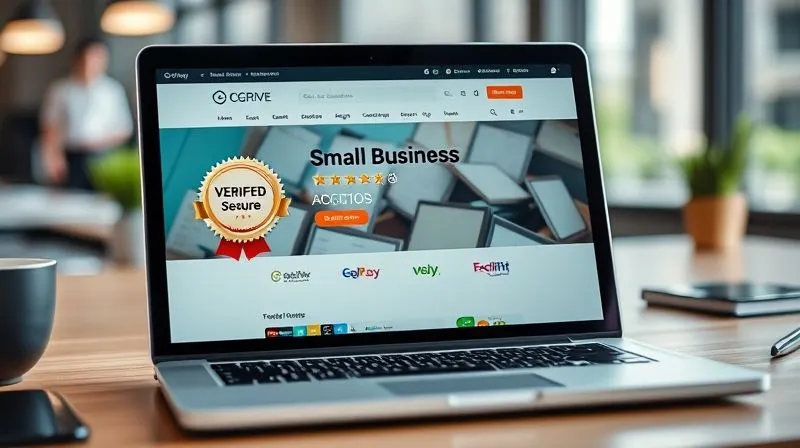 A photorealistic close-up of a laptop screen displaying a small business website. On the screen, there are prominent elements like a 5-star customer review widget, a "Verified Secure" badge, and logos of well-known payment providers. The background is softly blurred, showing a professional workspace. Cinematic lighting, sharp focus on the screen details, depth of field, 8K hyper-detailed.