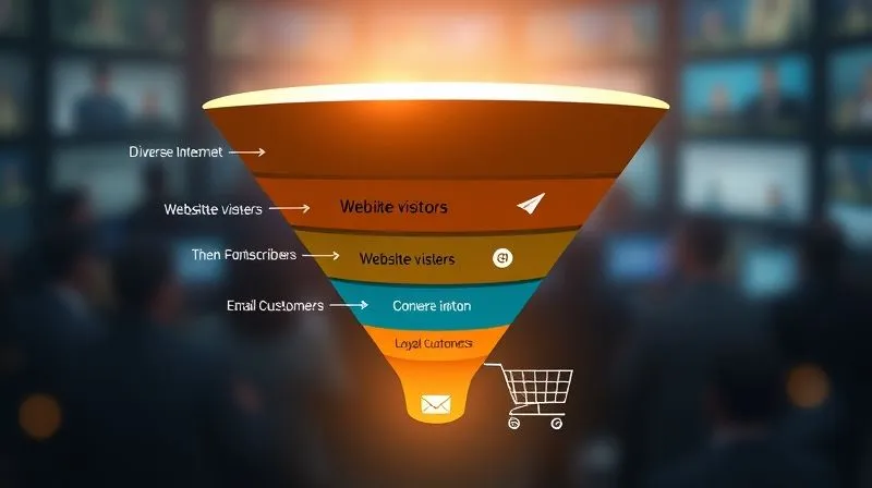 A photorealistic image depicting a customer journey funnel, starting broad at the top with diverse internet users, narrowing down to website visitors, then email subscribers, and finally converting into loyal customers at the bottom. The funnel is illuminated by a gentle, guiding light, with small, encouraging icons (like an email envelope, a handshake, a shopping cart) along the path. Cinematic lighting, sharp focus on the funnel, depth of field blurring the background, 8K hyper-detailed.
