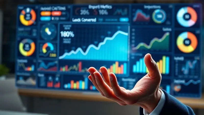 photorealistic, professional photography, 8K, cinematic lighting, sharp focus, depth of field, shot on a high-end DSLR, a complex, glowing data dashboard displaying various marketing metrics, with a clear focus on a 'Leads Converted' graph showing upward trend, while 'Impressions' and 'Likes' charts are visible but slightly blurred in the background, a business professional's hand interacting with a holographic interface, symbolizing data analysis and strategic decision-making, in a modern, minimalist office environment.
