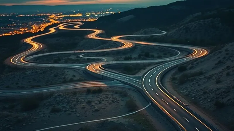 photorealistic, professional photography, 8K, cinematic lighting, sharp focus, depth of field, shot on a high-end DSLR, a complex, winding road with multiple detours and dead ends, symbolizing a misaligned sales process, with a sleek, modern CRM dashboard overlaid like a rigid, straight line trying to force its way through the chaotic path, highlighting the disconnect. The scene is set at dusk, with ambient city lights in the background, conveying a sense of challenge and urgency.