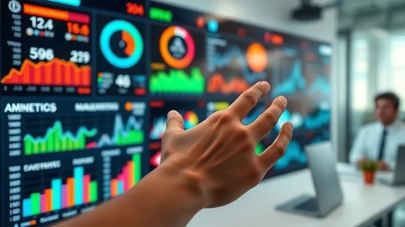 photorealistic, professional photography, 8K, cinematic lighting, sharp focus, depth of field, shot on a high-end DSLR, a vibrant, multi-layered digital dashboard displaying complex sales metrics, with some numbers highlighted in a misleadingly positive way (vanity metrics) and other crucial, diagnostic numbers subtly fading into the background, creating a sense of misdirection. A hand is reaching out to adjust the focus, symbolizing the shift towards meaningful data. The setting is a modern, minimalist office space.