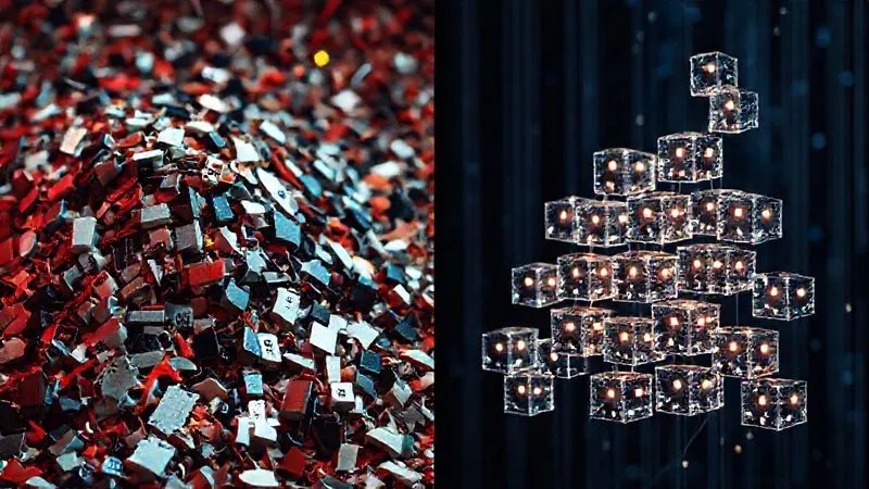 A striking photorealistic image contrasting two scenes side-by-side: on one side, a chaotic pile of jumbled, unorganized data blocks with broken connections, representing 'Garbage In'; on the other side, neatly stacked, interconnected, glowing data cubes forming a clear, ascending graph, representing 'Quality Out'. Cinematic lighting, sharp focus, depth of field, 8K hyper-detailed, professional photography.
