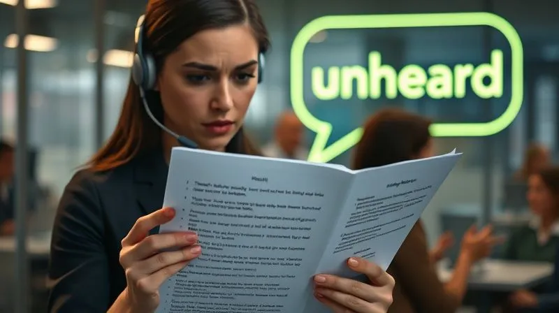photorealistic, professional photography, 8K, cinematic lighting, sharp focus, depth of field, shot on a high-end DSLR. A customer service agent with a frustrated expression, holding a laminated script with highlighted 'empathy phrases,' while in the background, a glowing, transparent speech bubble from a customer shows words like 'frustrated' and 'unheard.' The scene highlights the disconnect of scripted interactions. photorealistic, professional photography, 8K, cinematic lighting, sharp focus, depth of field, shot on a high-end DSLR. A customer service agent with a frustrated expression, holding a laminated script with highlighted 'empathy phrases,' while in the background, a glowing, transparent speech bubble from a customer shows words like 'frustrated' and 'unheard.' The scene highlights the disconnect of scripted interactions.