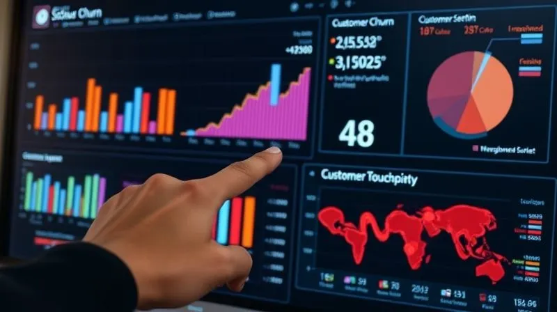 photorealistic, professional photography, 8K, cinematic lighting, sharp focus, depth of field, shot on a high-end DSLR. A detailed digital dashboard displaying various customer churn metrics: a declining bar chart of monthly churn, a word cloud of customer sentiment showing 'frustration' and 'unresolved,' and a heatmap of customer journey touchpoints with red zones indicating friction. A hand points to a specific data point on the screen, emphasizing data-driven insights. photorealistic, professional photography, 8K, cinematic lighting, sharp focus, depth of field, shot on a high-end DSLR. A detailed digital dashboard displaying various customer churn metrics: a declining bar chart of monthly churn, a word cloud of customer sentiment showing 'frustration' and 'unresolved,' and a heatmap of customer journey touchpoints with red zones indicating friction. A hand points to a specific data point on the screen, emphasizing data-driven insights.