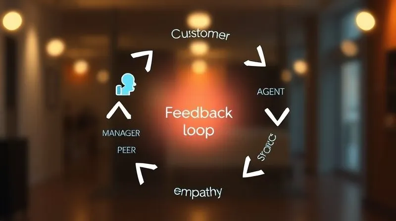 photorealistic, professional photography, 8K, cinematic lighting, sharp focus, depth of field, shot on a high-end DSLR. A dynamic, circular diagram representing a continuous feedback loop. Icons for 'Customer,' 'Agent,' 'Manager,' and 'Peer' are positioned around the circle, with arrows indicating the flow of feedback and coaching. The center of the loop features a subtle glow, symbolizing continuous improvement and growth in empathy. photorealistic, professional photography, 8K, cinematic lighting, sharp focus, depth of field, shot on a high-end DSLR. A dynamic, circular diagram representing a continuous feedback loop. Icons for 'Customer,' 'Agent,' 'Manager,' and 'Peer' are positioned around the circle, with arrows indicating the flow of feedback and coaching. The center of the loop features a subtle glow, symbolizing continuous improvement and growth in empathy.