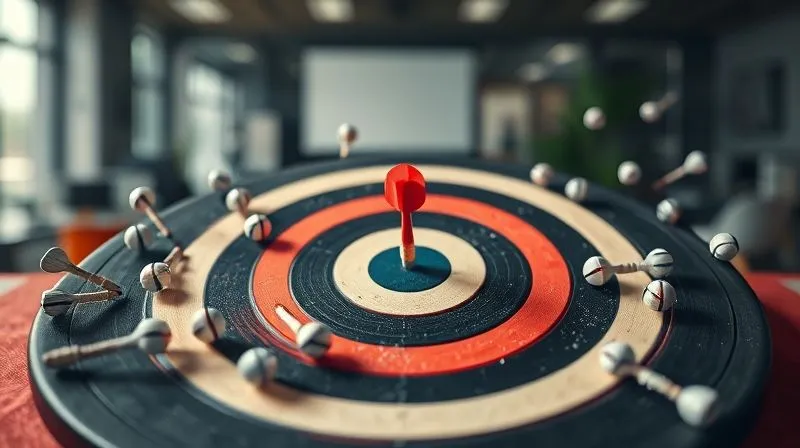 Photorealistic, professional photography, 8K, cinematic lighting, sharp focus, depth of field, shot on a high-end DSLR. A target board with a bulls-eye, surrounded by scattered darts that missed, and one dart perfectly hitting the center, representing the difference between vague and SMART marketing goals. The background is a blurred office environment, suggesting business strategy.