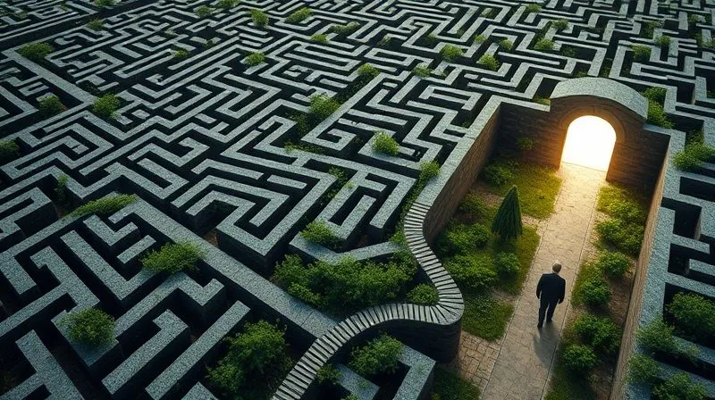 Photorealistic, professional photography, 8K, cinematic lighting, sharp focus, depth of field, shot on a high-end DSLR. A complex, winding maze with several dead ends and confused figures, contrasted with a clear, straight path leading to a bright, inviting destination, symbolizing a broken versus optimized customer journey. The scene is slightly ethereal, focusing on the metaphorical journey.