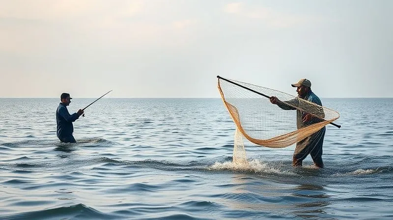 Photorealistic, professional photography, 8K, cinematic lighting, sharp focus, depth of field, shot on a high-end DSLR. A fisherman casting a tiny net into a vast, empty ocean, contrasted with another fisherman using a large, specialized net in a bustling, fish-filled river. The scene emphasizes the importance of selecting the right marketing channel for the target audience.