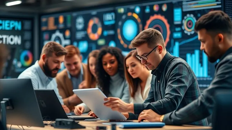 Photorealistic, professional photography, 8K, cinematic lighting, sharp focus, depth of field, shot on a high-end DSLR. A group of diverse professionals working seamlessly together, with interconnected gears and digital dashboards in the background, symbolizing a well-integrated marketing team and tech stack. The atmosphere is collaborative and efficient.
