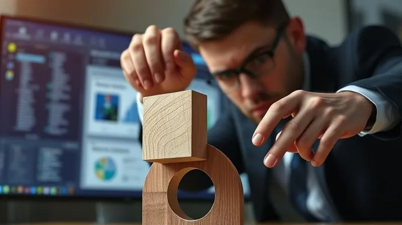 A photorealistic image of a frustrated sales professional trying to fit a square wooden block into a round hole, representing the misalignment of a CRM with a sales workflow. The CRM interface is visible on a blurred monitor in the background, professional photography, 8K, cinematic lighting, sharp focus on the block and hole, depth of field.
