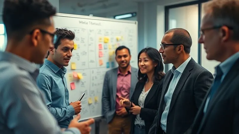 A photorealistic close-up of a diverse group of business professionals engaged in an intense, empathetic discussion around a whiteboard covered with sticky notes and mind maps, symbolizing deep persona research. Cinematic lighting, sharp focus on their expressions and the whiteboard, depth of field blurring the office background. 8K hyper-detailed, professional photography, shot on a high-end DSLR. A photorealistic close-up of a diverse group of business professionals engaged in an intense, empathetic discussion around a whiteboard covered with sticky notes and mind maps, symbolizing deep persona research. Cinematic lighting, sharp focus on their expressions and the whiteboard, depth of field blurring the office background. 8K hyper-detailed, professional photography, shot on a high-end DSLR.