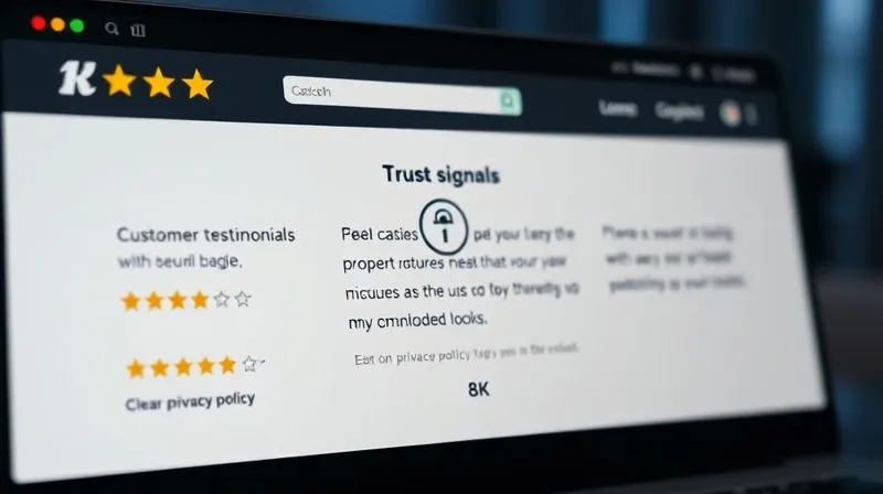 A photorealistic image of a website displaying prominent trust signals: customer testimonials with star ratings, security badges (padlock icon), and a clear privacy policy link, all glowing softly against a clean, modern interface. Professional photography, 8K, cinematic lighting, sharp focus, depth of field.