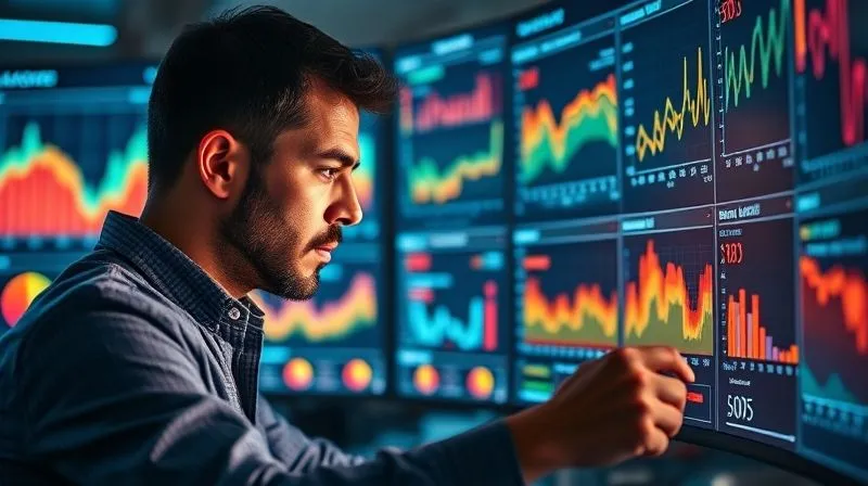 A photorealistic image of a data analyst intently examining a complex dashboard with various graphs and heatmaps on multiple screens, surrounded by glowing data visualizations. Professional photography, 8K, cinematic lighting, sharp focus on the analyst's face, depth of field.