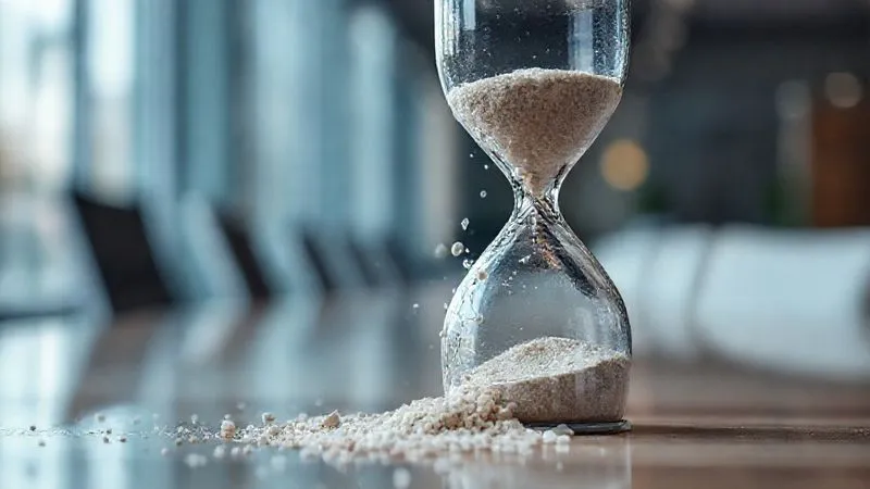 photorealistic, professional photography, 8K, cinematic lighting, sharp focus, depth of field, shot on a high-end DSLR. A shattered hourglass with sand spilling out, symbolizing broken promises and rapidly diminishing returns on investment. The background is a blurry, modern office setting, emphasizing the business context. Emotional tone: disappointment, failure.