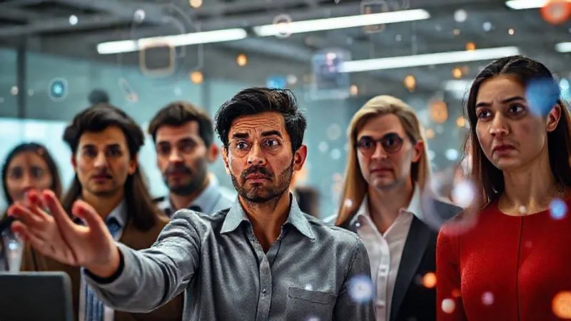 photorealistic, professional photography, 8K, cinematic lighting, sharp focus, depth of field, shot on a high-end DSLR. A diverse group of office workers looking confused and slightly overwhelmed by glowing, abstract digital interfaces hovering around them, symbolizing the challenge of adopting new technology. One person is reaching out hesitantly, another looks concerned. Emotional tone: apprehension, uncertainty, alienation.