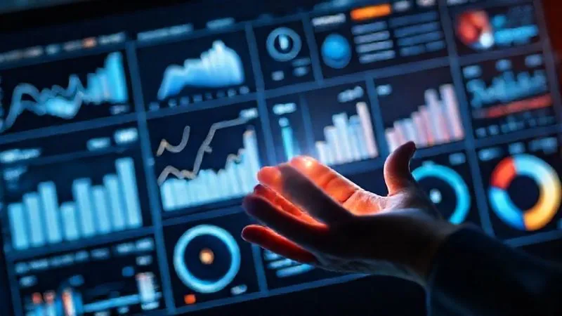 photorealistic, professional photography, 8K, cinematic lighting, sharp focus, depth of field, shot on a high-end DSLR. A holographic, multi-dimensional dashboard displaying various business metrics: financial charts, customer satisfaction graphs, employee engagement scores, and operational efficiency indicators, all interconnected and glowing. A hand is reaching out to interact with it, symbolizing comprehensive data analysis. Emotional tone: clarity, control, insight.